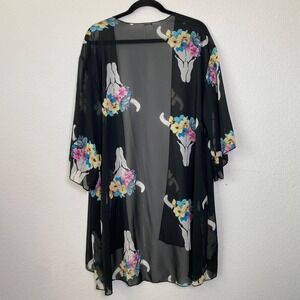 Lilypad Kimono Cardigan 3XL Black Womens Western Boho Floral Bull Skull Sheer